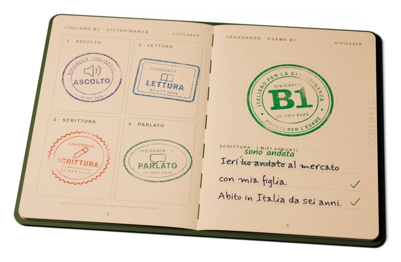 An open civicoach practice booklet with the four stamps Ascolto, Lettura, Scrittura and Parlato, a large green B1 stamp and a corrected sentence